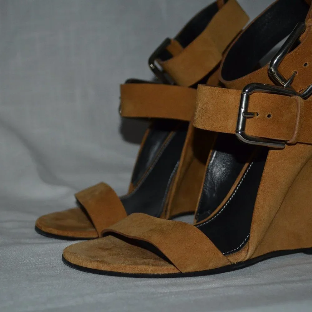 Sz 38 7.5 Premiata Brown Suede Ankle Strap Wedges 4.5